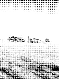 a black and white image of a house in a field